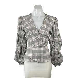 Uterque Tartan Plaid Check Ruched Long Sleeve Tie Back Wrap Peplum Blouse Top M